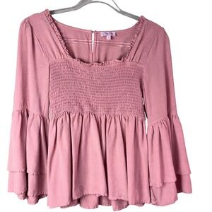 Pink Lily Smocked Ruffle Bell‎ Sleeve Top Square Neck Blouse Mauve Medium